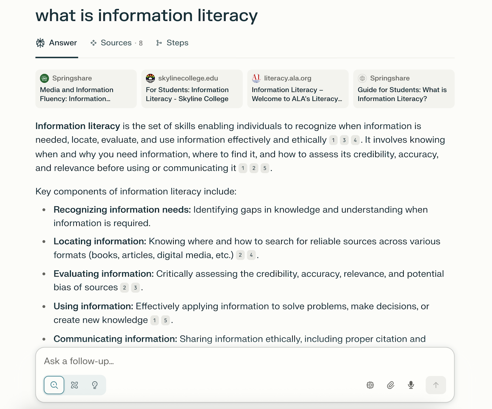 Query appears, then sources, then summary.