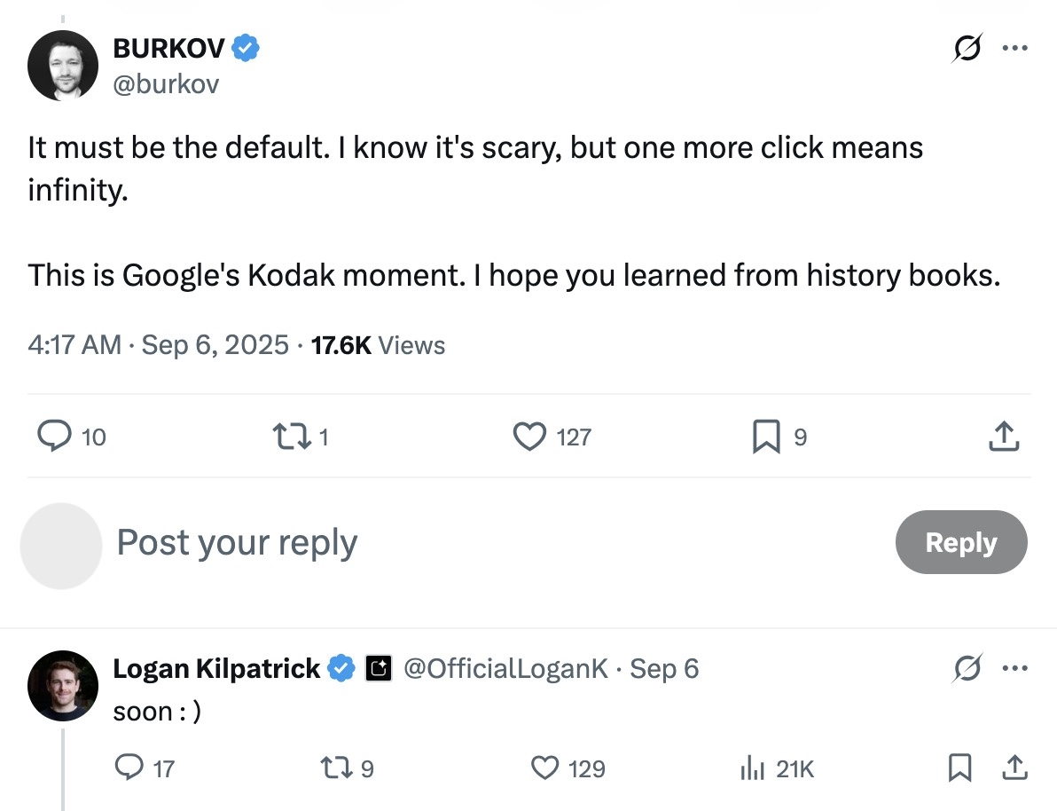 Google's product lead, Logan Kilpatrick, replying “Soon” to a post on X asking when AI Mode would become the default in Search.