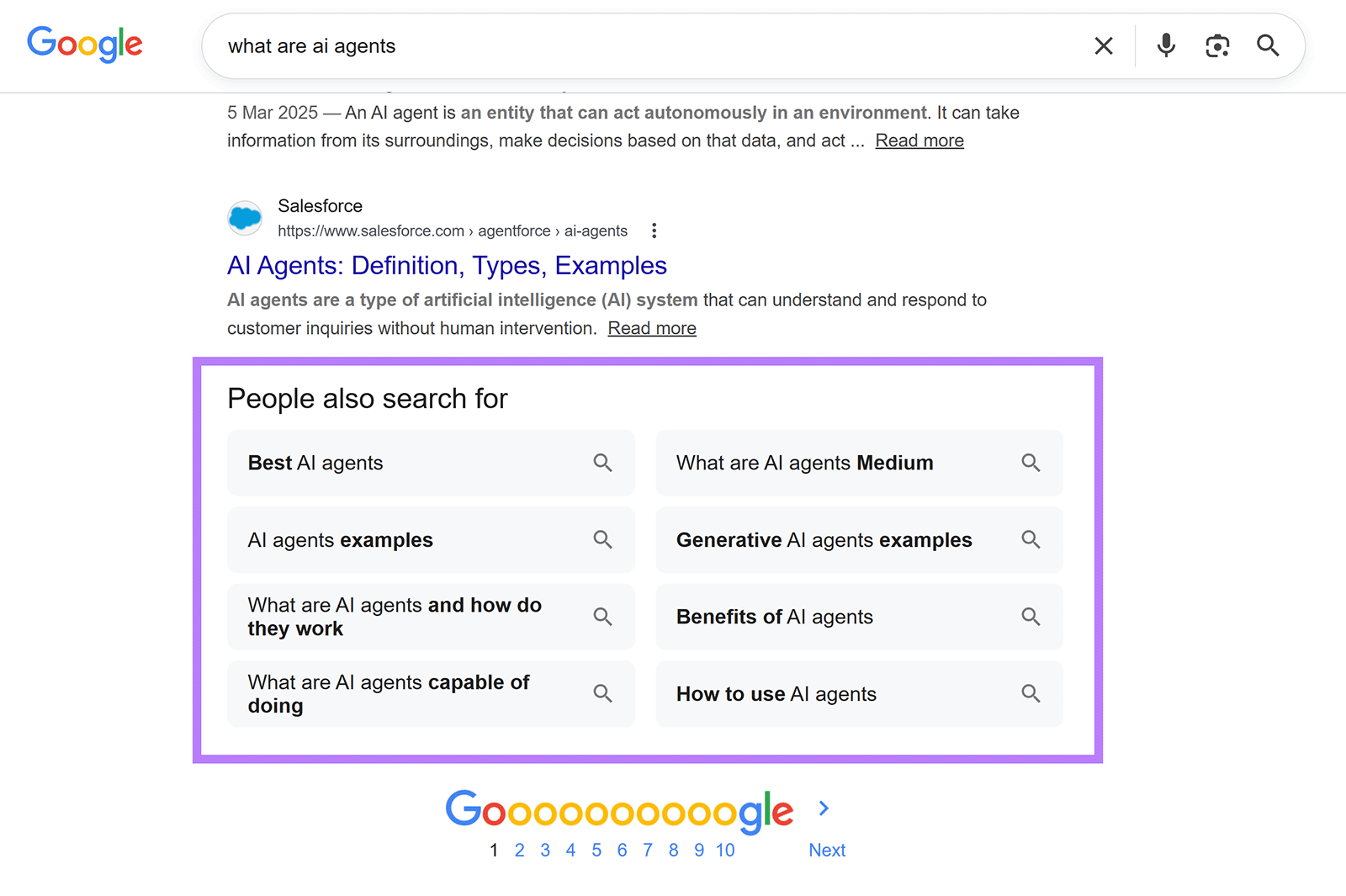 Google search results showing the People also search for section with related AI agent queries
