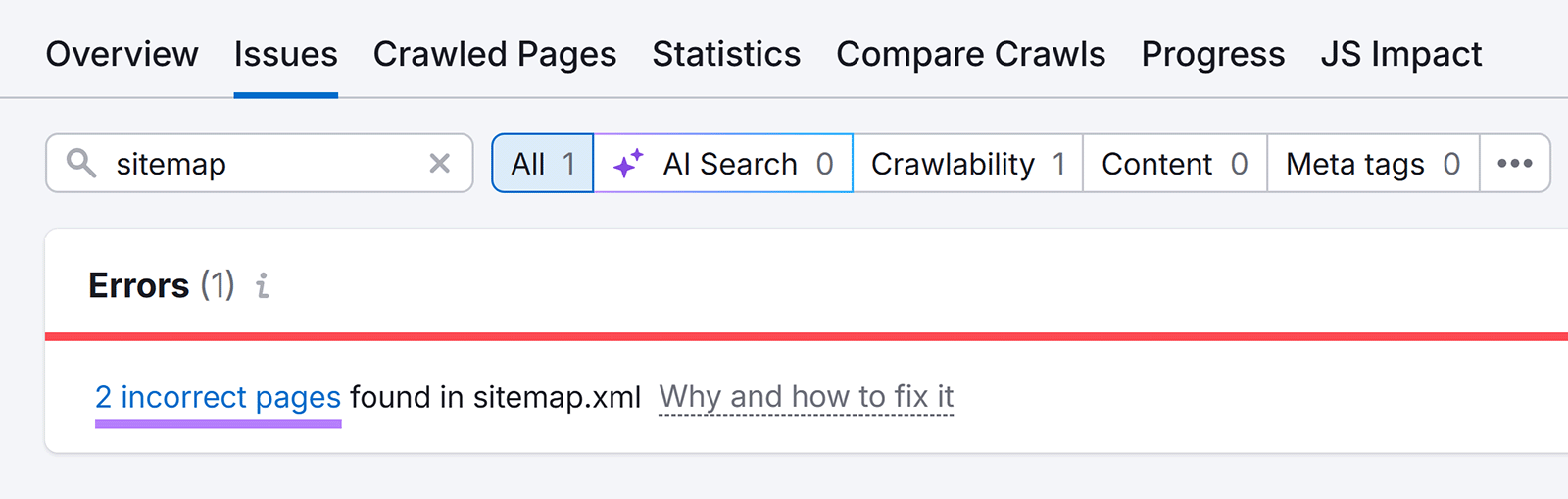 Close-up of the sitemap.xml error link highlighting two incorrect pages in Semrush Site Audit.