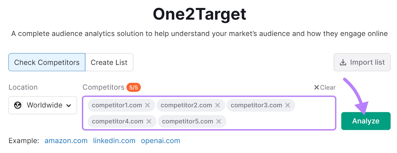 One2Target search bar with competitors entered.