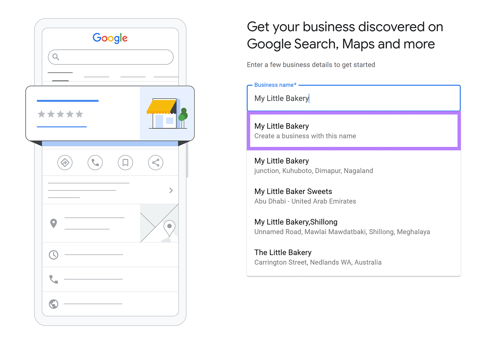Business creation screen with “My Little Bakery” name option highlighted.