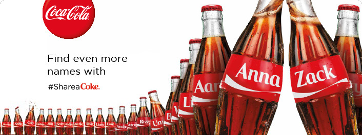 The ad shows a long line of soda bottles with people's names on the label.