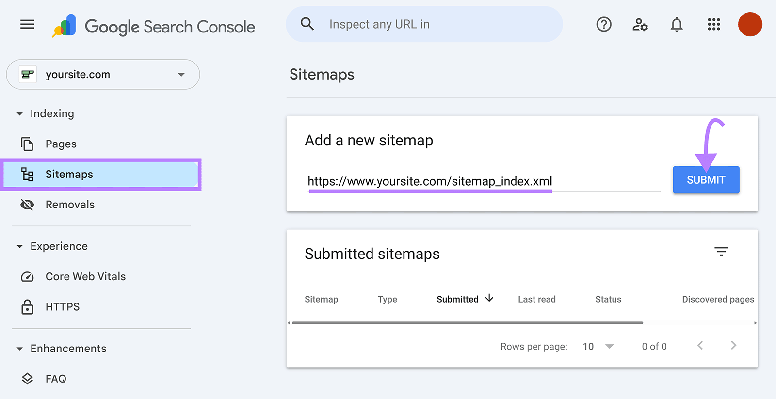Google Search Console Sitemaps page showing a sitemap URL entered and arrow pointing to Submit button.