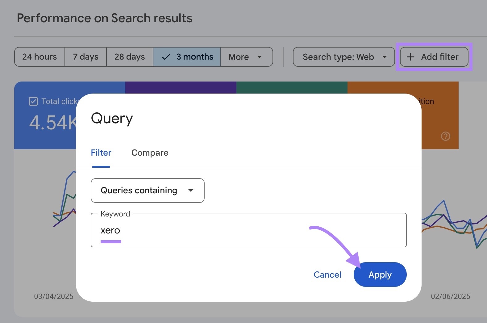 Applying the "Query" filter on Google Search Console with "xero" entered as the keyword and "Apply" clicked.