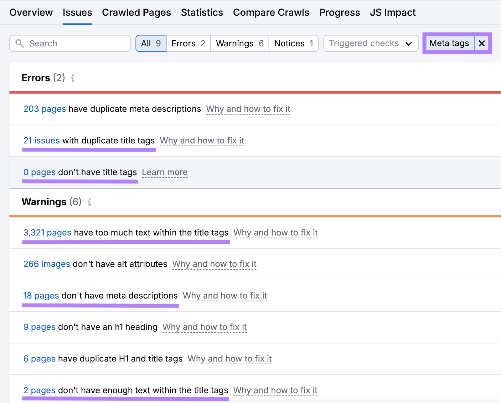 Filter for meta tags shows issues like duplicate title tags, pages without title tags, too much or too little text in title tags, and more.