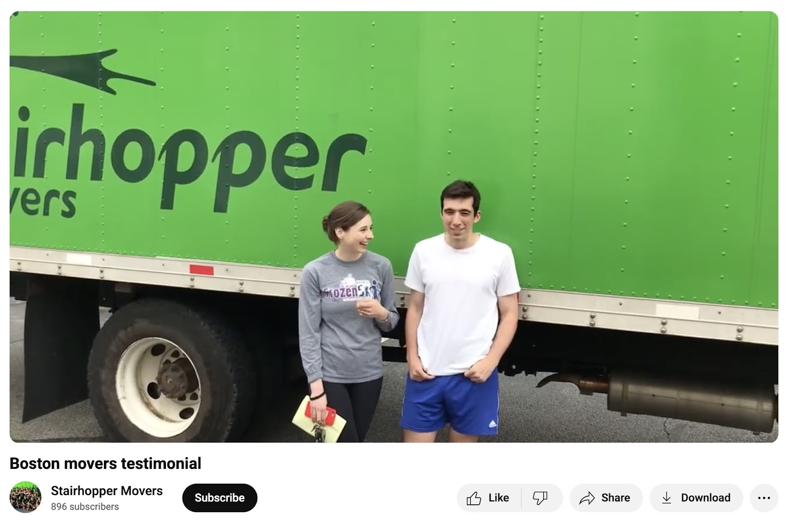 A video testimonial where customers talk about their experience using "Stairhopper Movers" posted on YouTube.