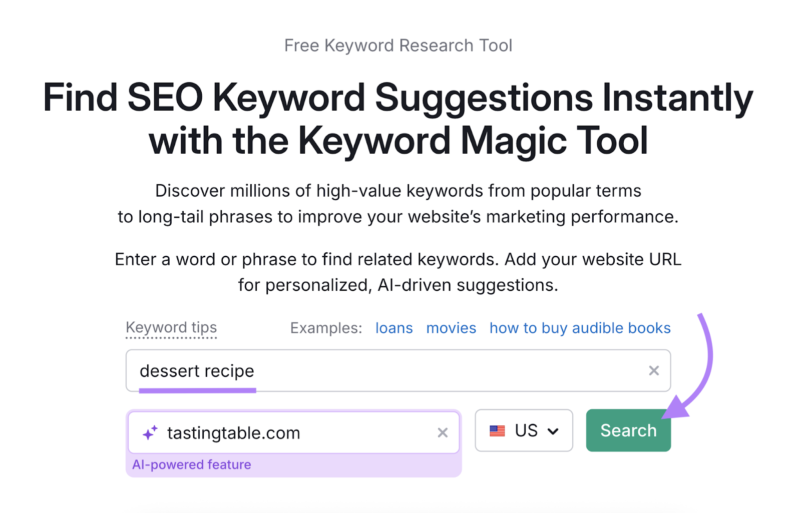 A keyword is entered into the tool along with a domain name.