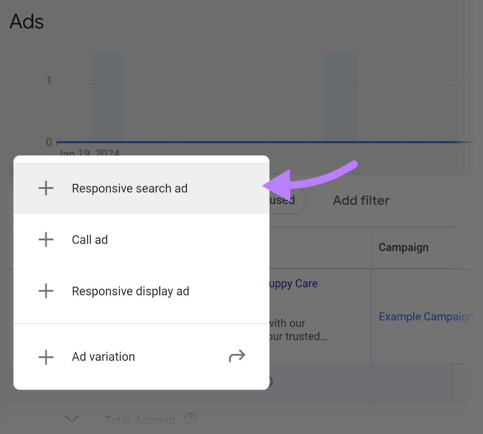 “+ Responsive search ad” selected from the drop-down menu