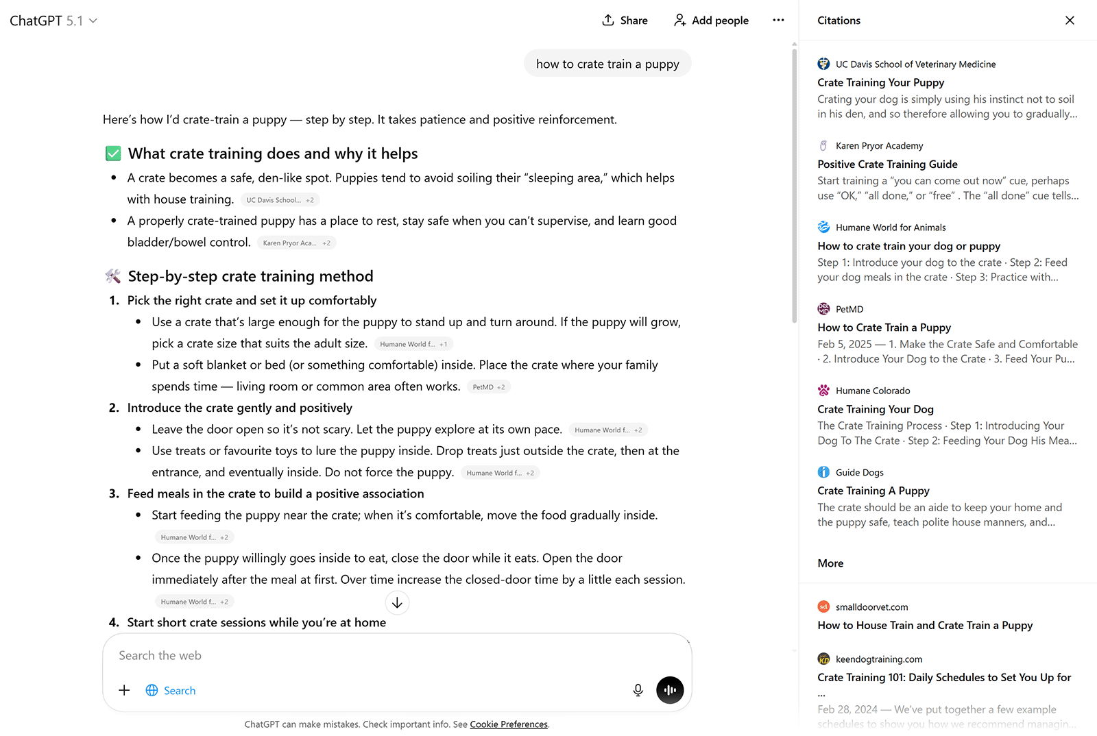 ChatGPT providing a step-by-step crate training guide reply with citations listed in a sidebar.