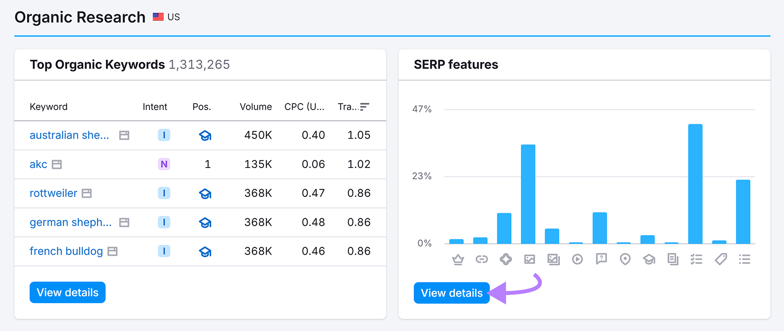 Semrush Organic Rankings showing top keywords and SERP features chart with “View details” highlighted.