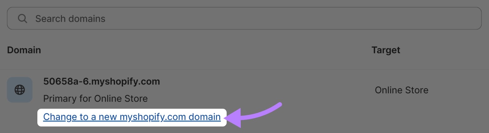 Change to a new myshopify.com domain hyperlink highlighted.