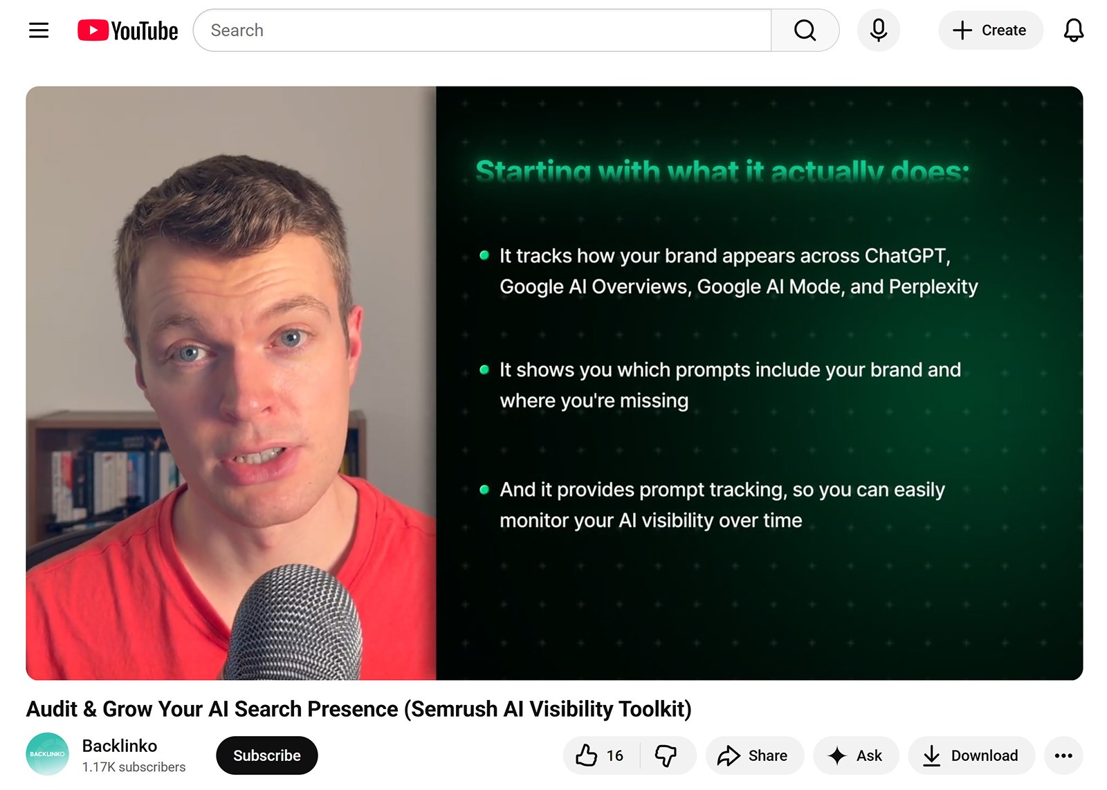 Backlinko YouTube video showing a presenter beside a slide listing Semrush AI visibility features.