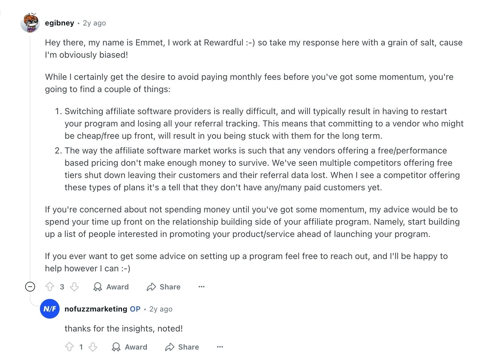 The CEO of Rewardful responding with helpful insights to another user's post in the Affiliate marketing subreddit.