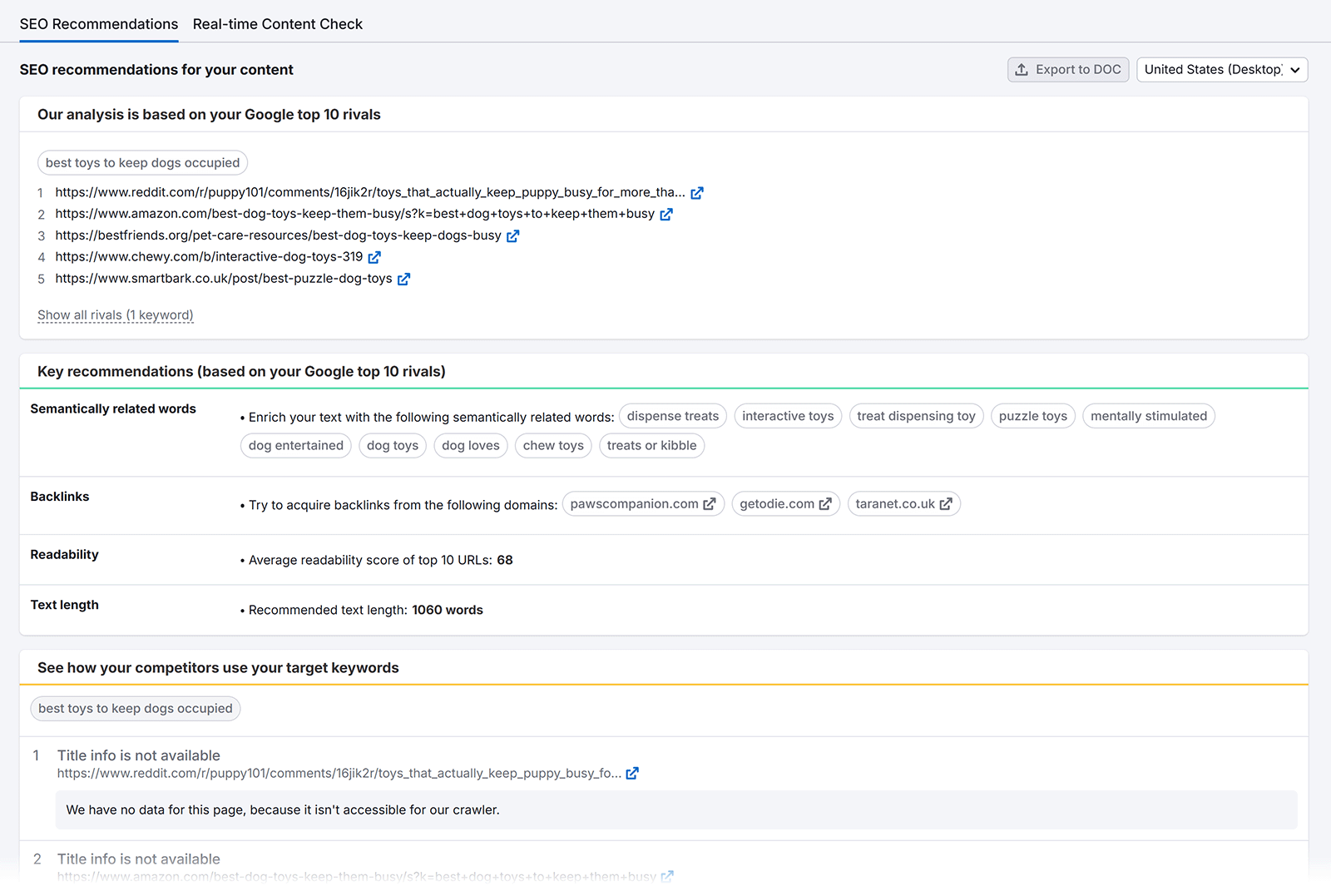 Semrush SEO recommendations showing rival URLs, related keywords, backlink suggestions, and ideal text length.
