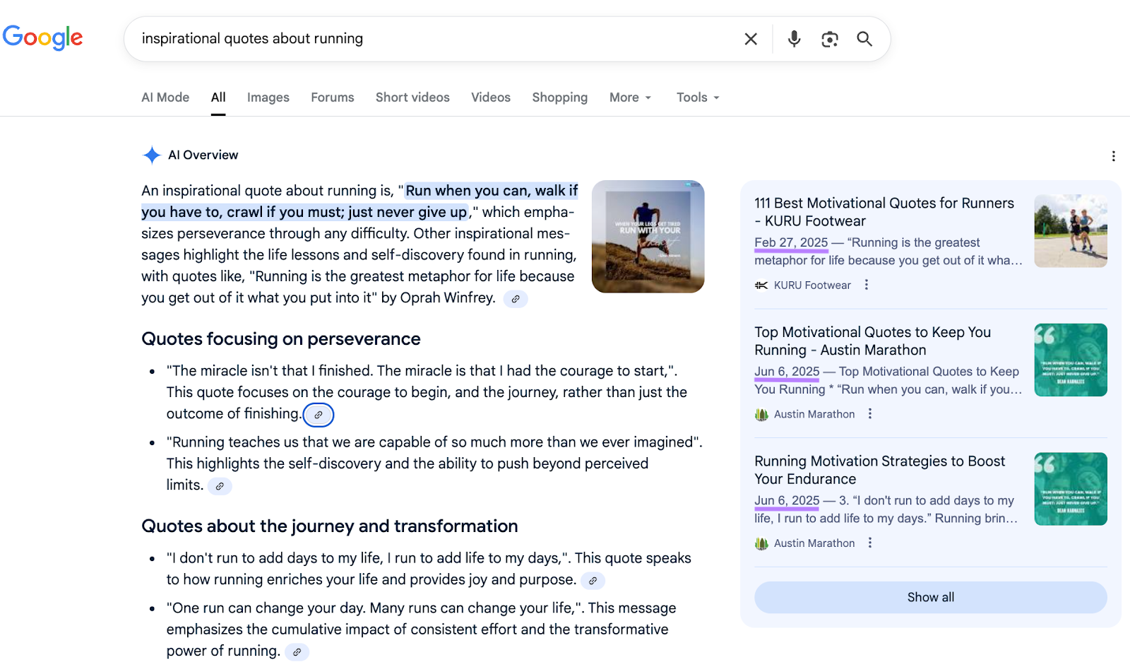 AI Overview for "inspirational quotes about running" that shows only content published in 2025.
