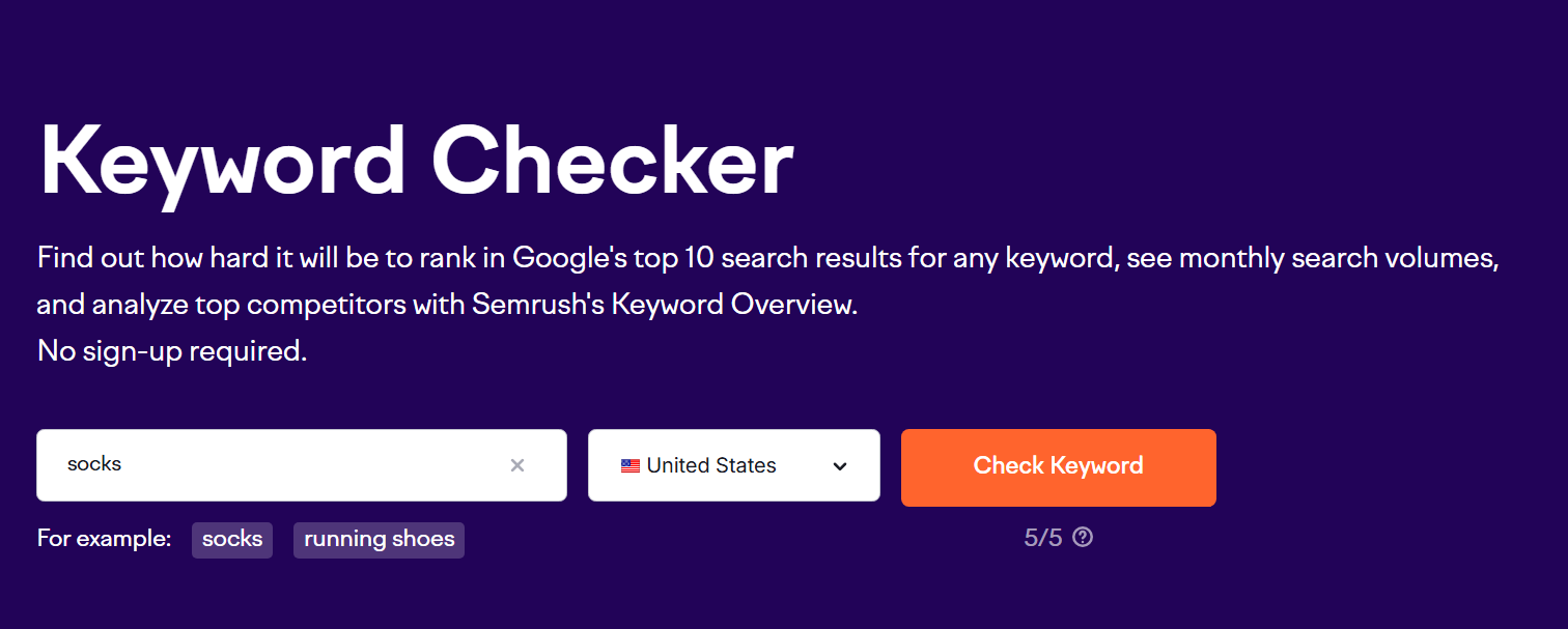 Semrush free Keyword Overview tool with keyword entered.