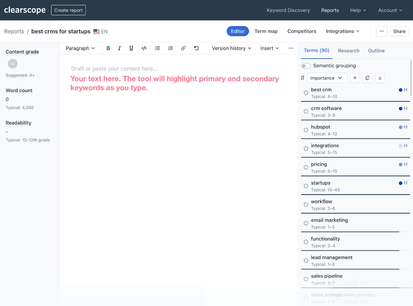 Clearscope editor ui