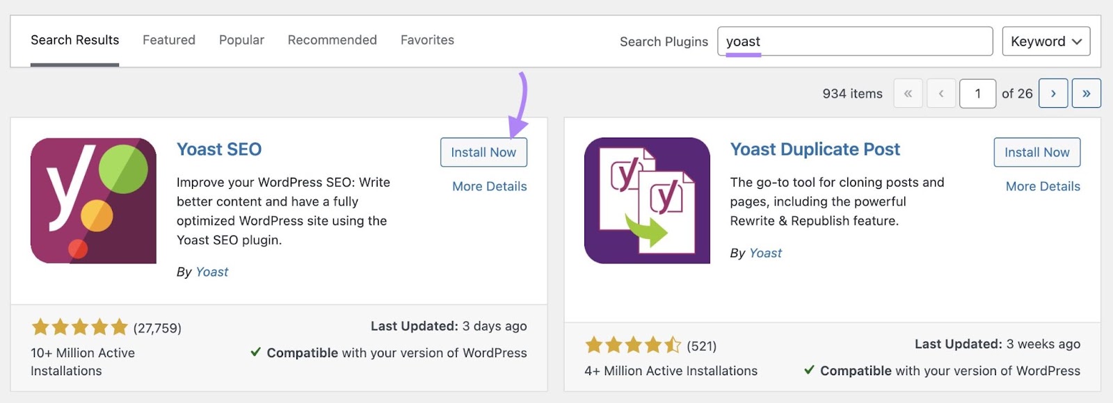 WordPress plugins library with "yoast" entered and "Install Now" clicked next to the Yoast SEO plugin.