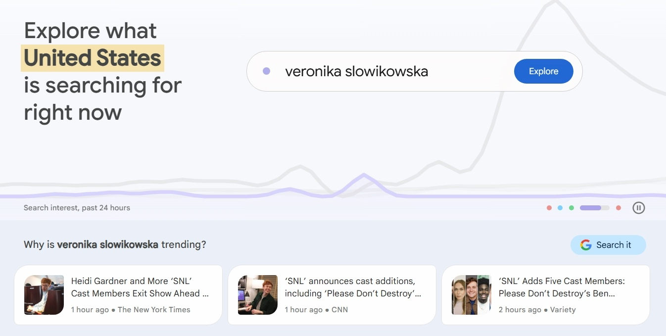 Google Trends home showing a celebrity, Veronika Slowikowska, trending.