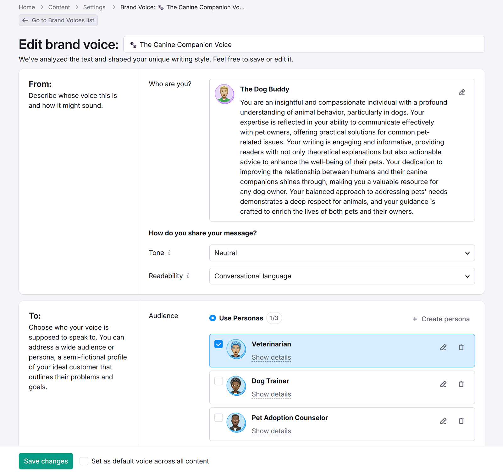 Brand Voice editor with persona description, tone settings, and audience personas, ready to save changes.