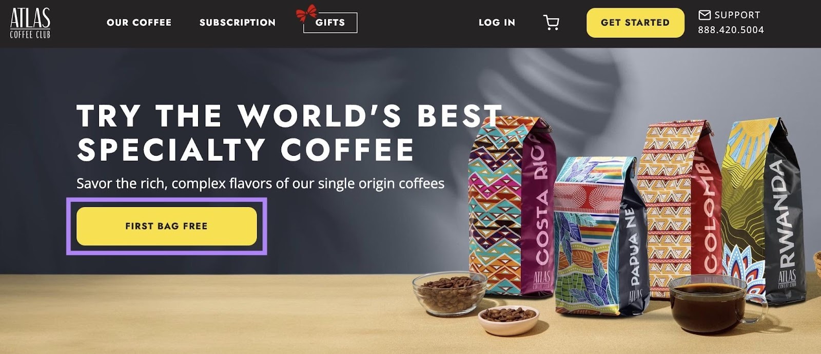A landing page by Atlas Coffee Club addressing a promise made in their Google search ad.