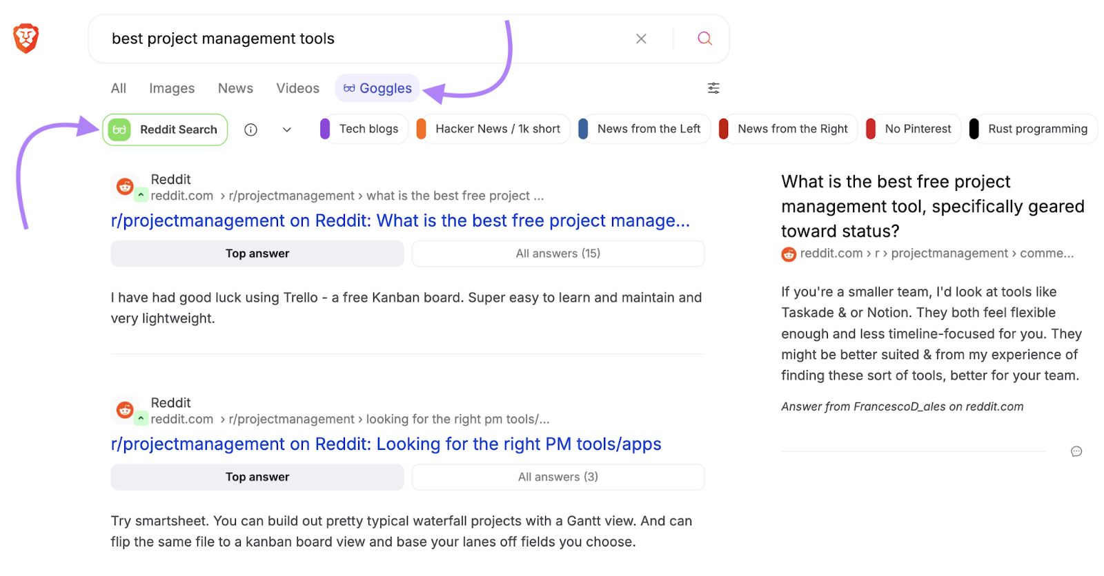 Goggles filter is applied with Reddit Search results.