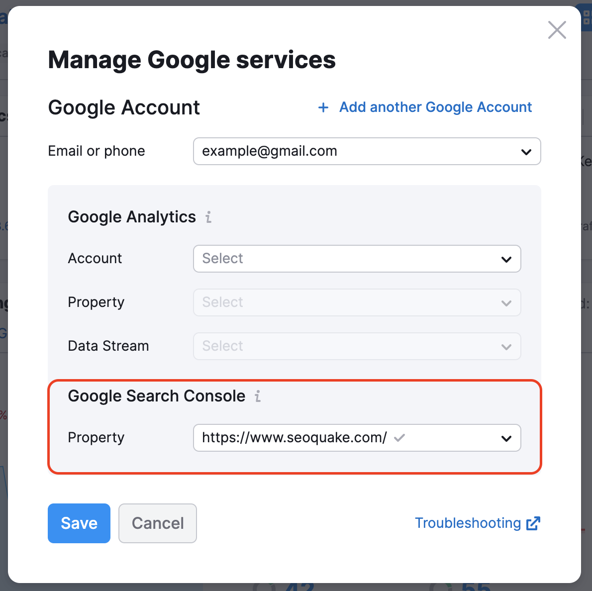 Google Accounts connection wizard with a red rectangle highlighting the Google Search Console property.