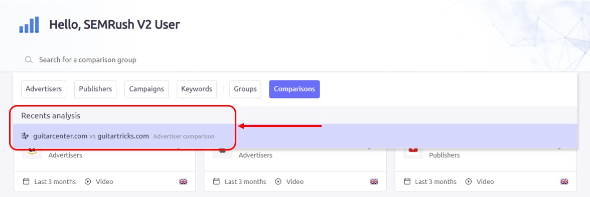 Your recent analyses will appear beneath the search bar in AdClarity &mdash; Advertising Intelligence