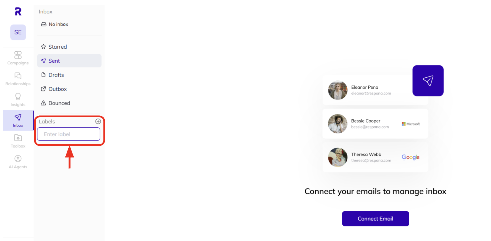 Your inbox screen in AI Backlink Builder, including how to add labels.