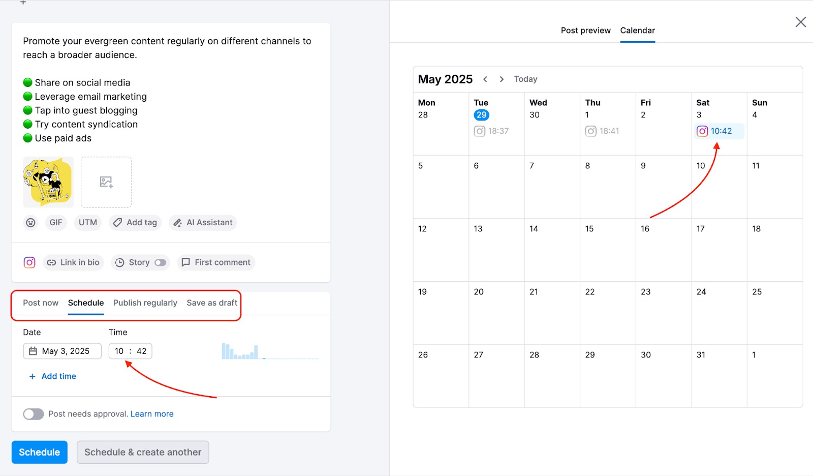 A preview of how scheduled posts appear on the calendar in Social Poster.