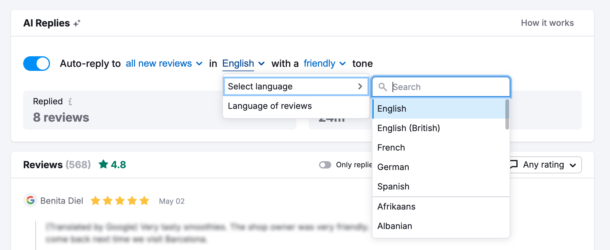 Drop-down menu for selecting the language used in AI responses.