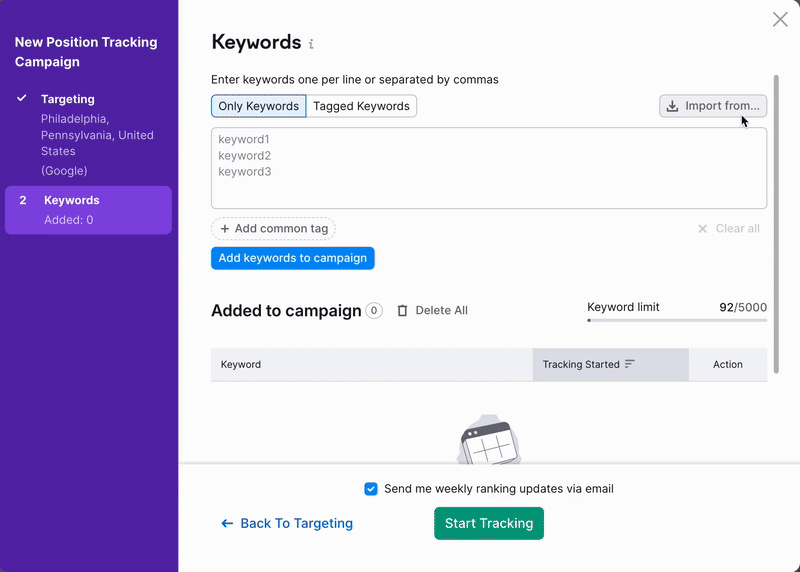 Position Tracking configuration window – Keywords section. An example how to add keywords from Semrush suggestions.