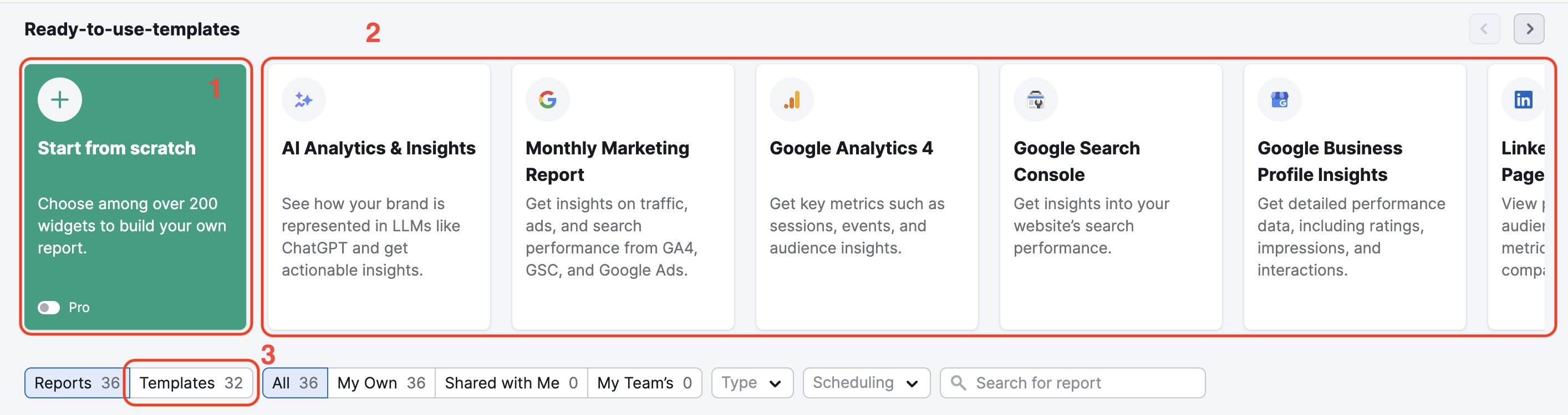Where to click to create reports from scratch, from a pre-existing template, or your own custom template.