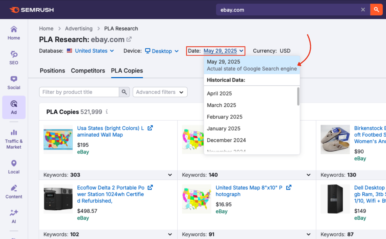 Date selector showing available historical ranges in the PLA Copies report.