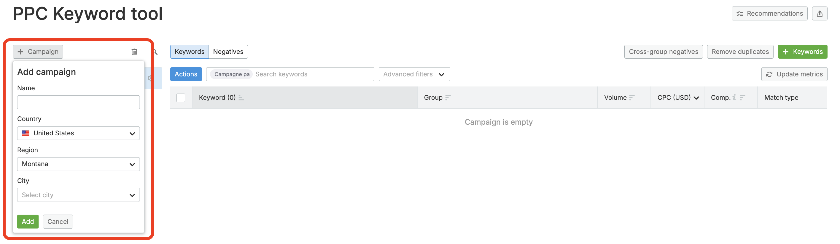 The campaign configuration wizard includes fields such as Country, Region, and City.
