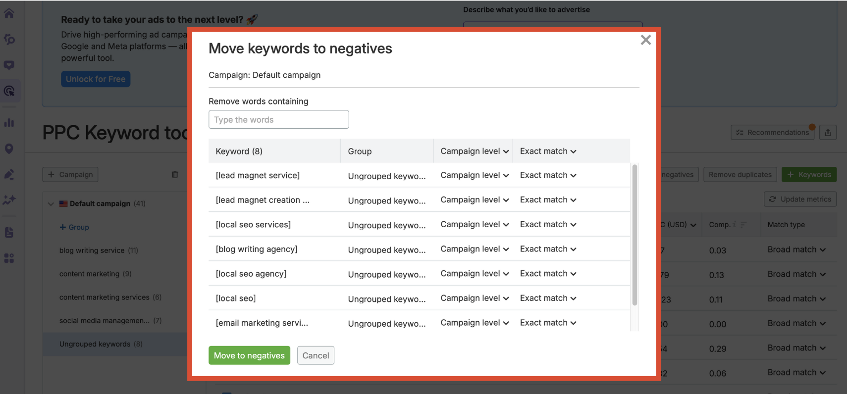 Move to negatives pop-up showing selected keywords, grouping level, and match type options.