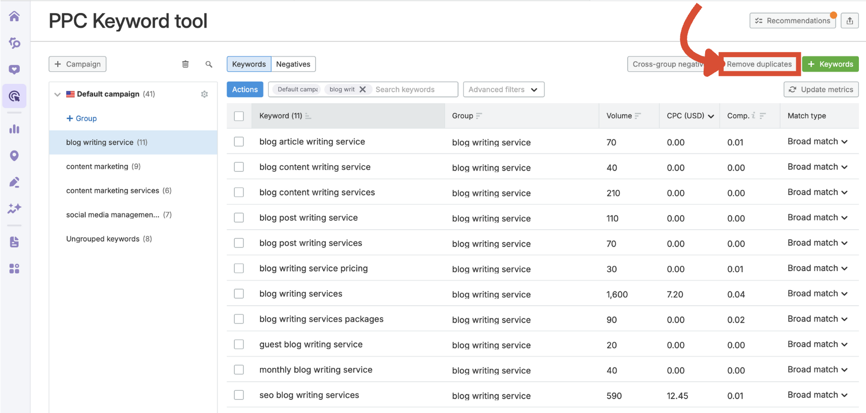 The Remove duplicates button in the PPC Keyword Tool.