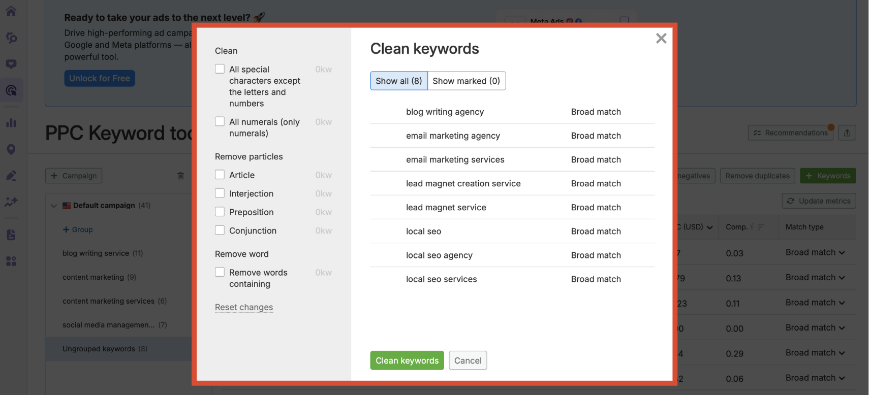 Clean keywords pop-up showing checkboxes for articles, special characters, and custom words.