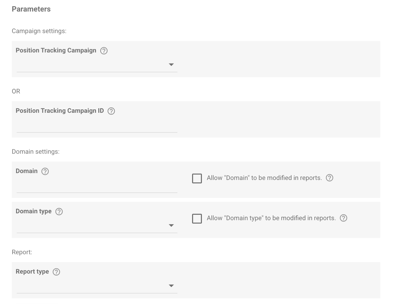 Parameters include: domain, domain type, and report type.